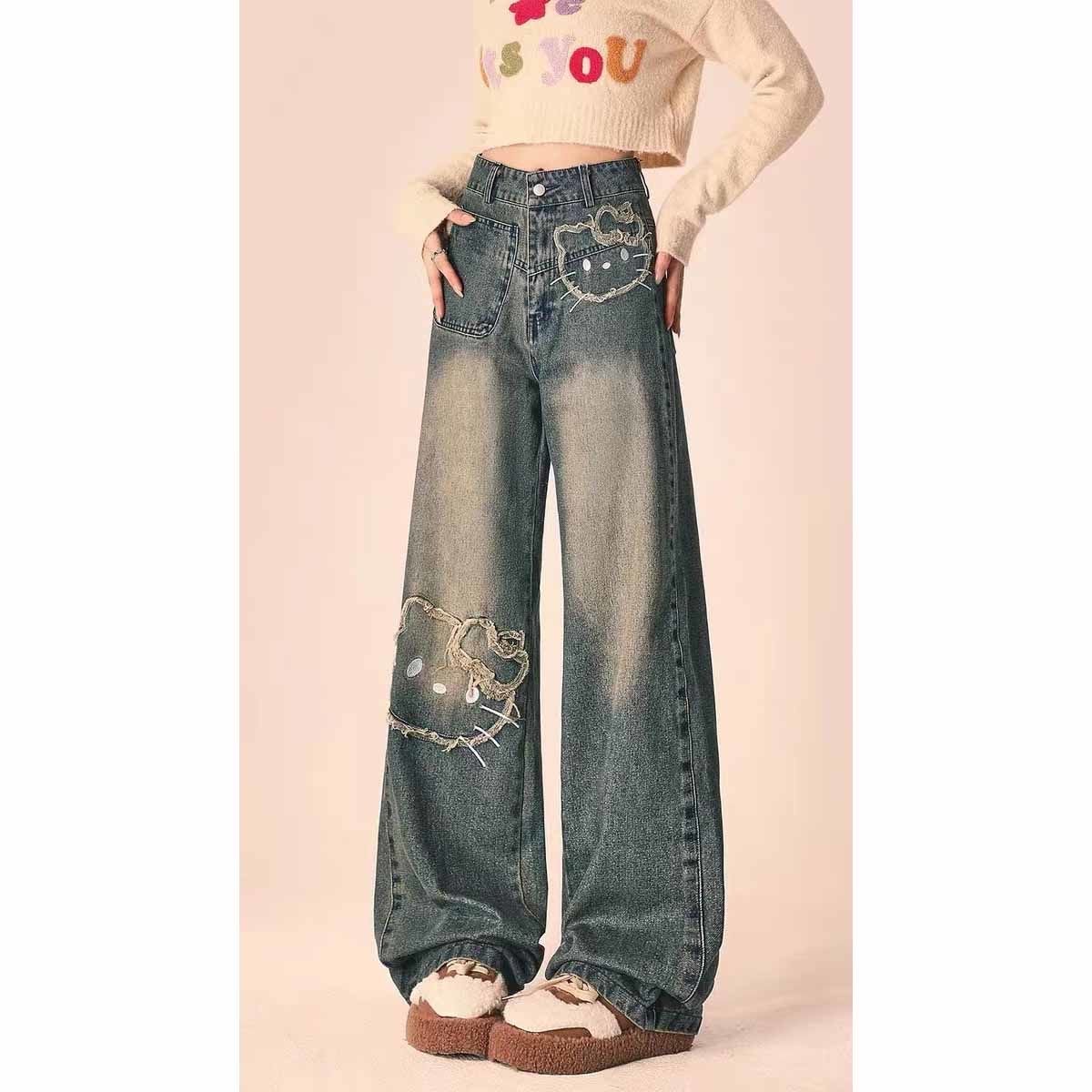 设计感凯蒂猫直筒裤2024新款复古小个子牛仔裤女宽松阔腿做旧显瘦