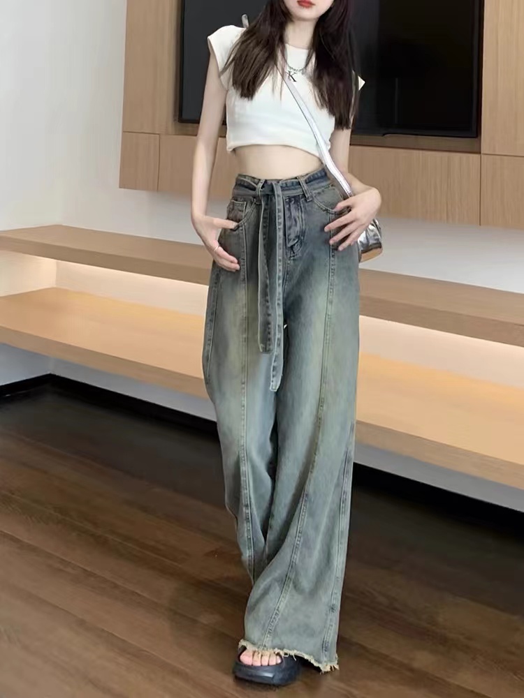 复古高街毛边阔腿牛仔裤女高腰秋季新款腰绳设计感垂感直筒拖地裤