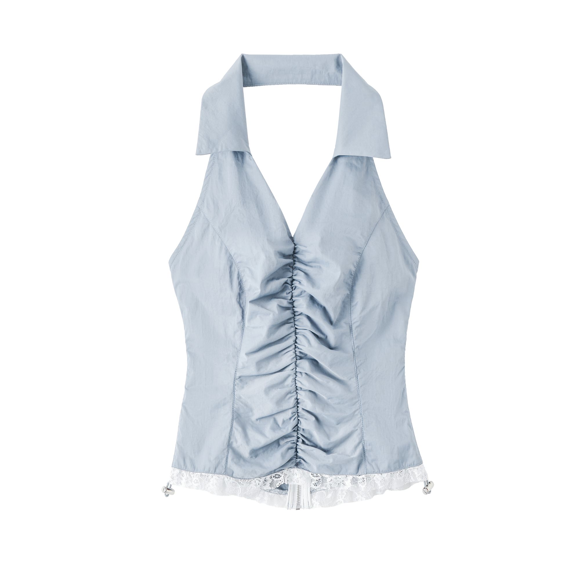 1JINN STUDIO 蕾丝花边polo领挂脖收腰露背上衣