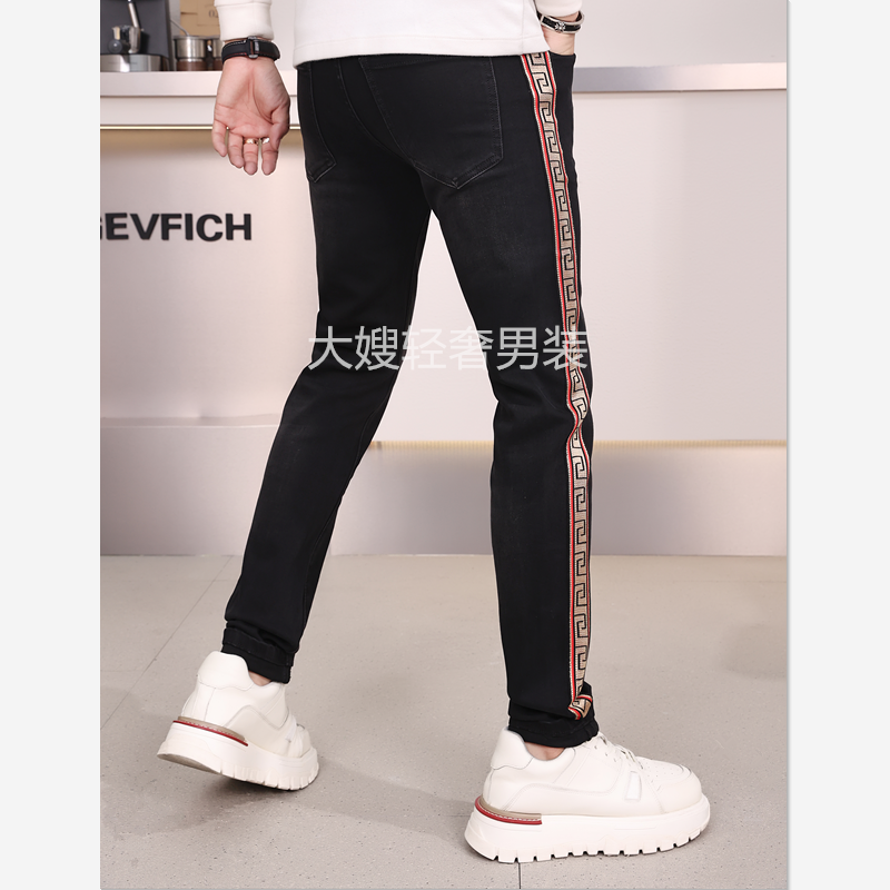 黑色织带牛仔裤男2024秋季新款欧版潮流时尚百搭修身小脚男士裤子