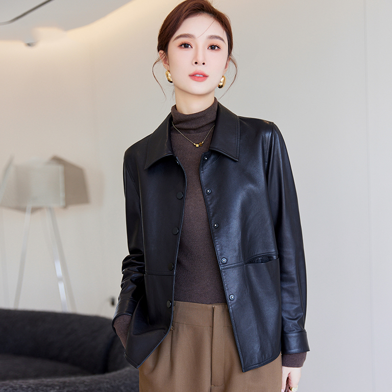 2025新款绵羊皮短款夹克百搭宽松休闲海宁秋季真皮皮衣外套女大码