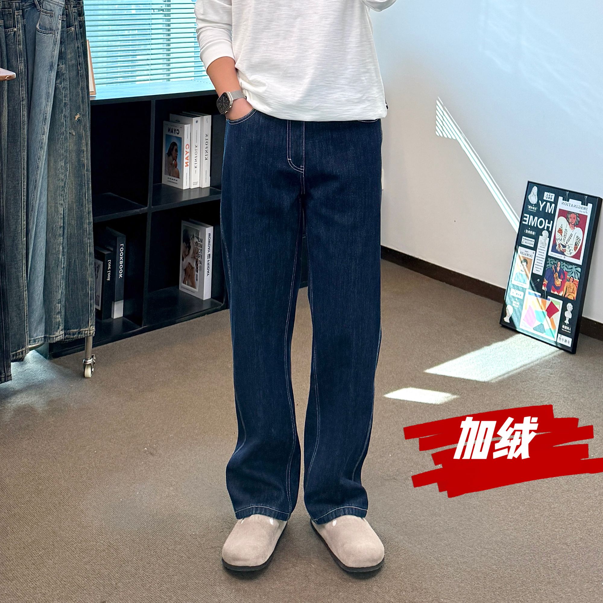 24冬款  原色牛仔蓝直筒加绒牛仔裤  奥粒绒厚款休闲百搭