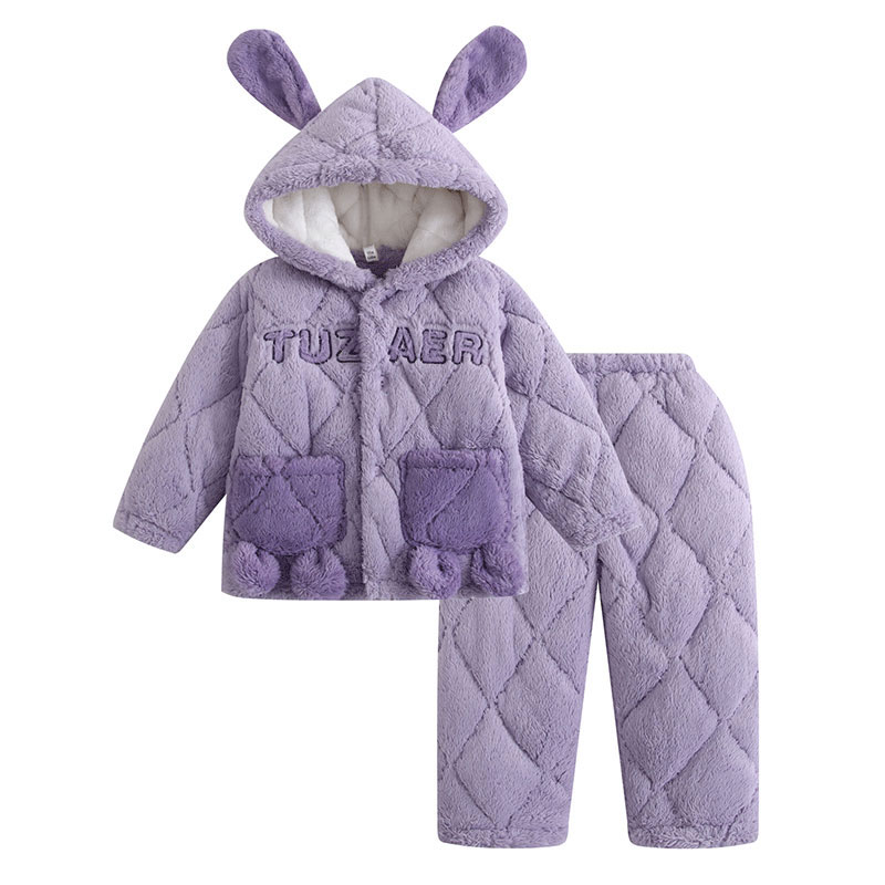 新款儿童睡衣女童冬季加绒超厚女孩三层夹棉法兰绒带帽家居服冬款