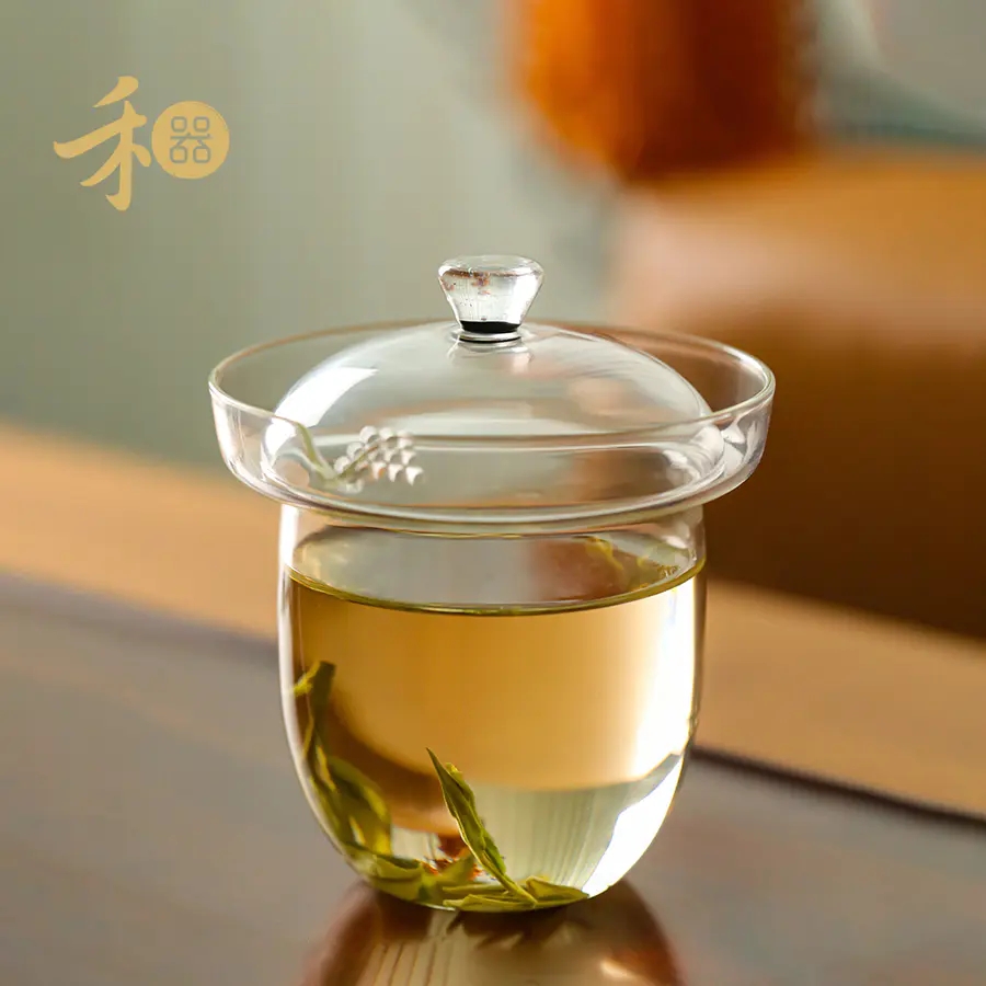 禾器炫彩.简仪易泡杯 绿茶杯玻璃手抓盖碗带过滤网 手工耐热