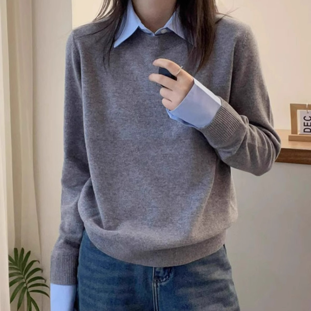 欧洲站2025冬季新款欧货拼衬衫领宽松假两件毛衣针织衫软糯毛衣潮