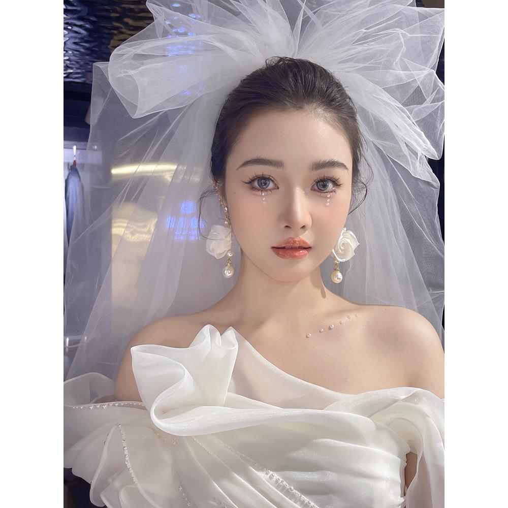 水舞R0393新娘韩式白色空气感甜美中长款头纱公主婚礼婚纱发饰品