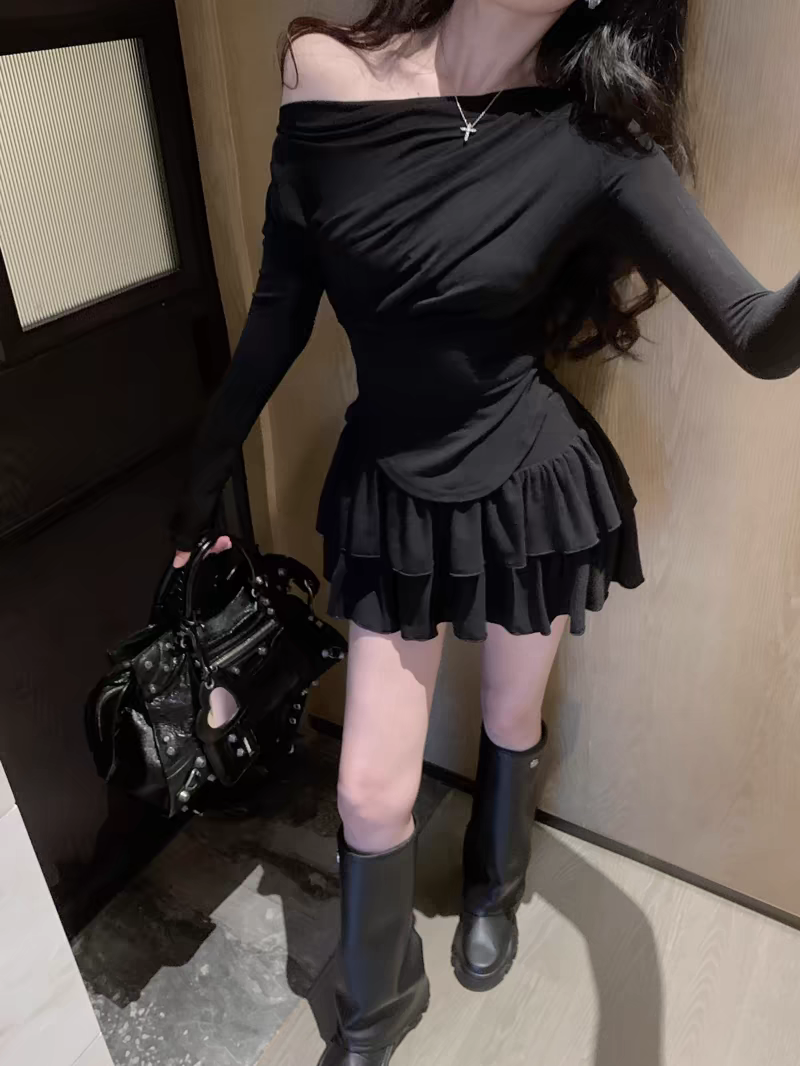 夏季薄款纯欲风辣妹性感露肩一字肩修身上衣高腰显瘦蛋糕裙两件套