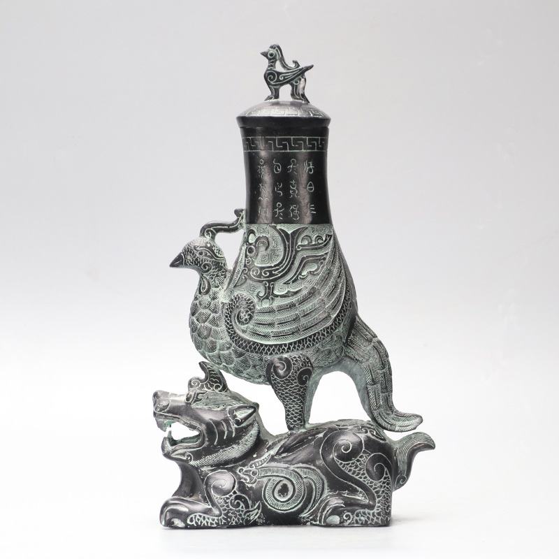 周鼎仿古青铜器 酒樽摆件 锌合金凤凰卧虎瓶兽鸟尊酒器工艺礼品