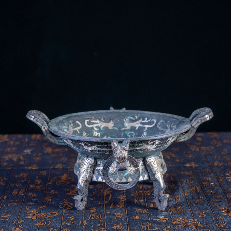 【盘子】周鼎青铜器摆件仿古做旧错银青铜盘鎏银铜盘盛水器