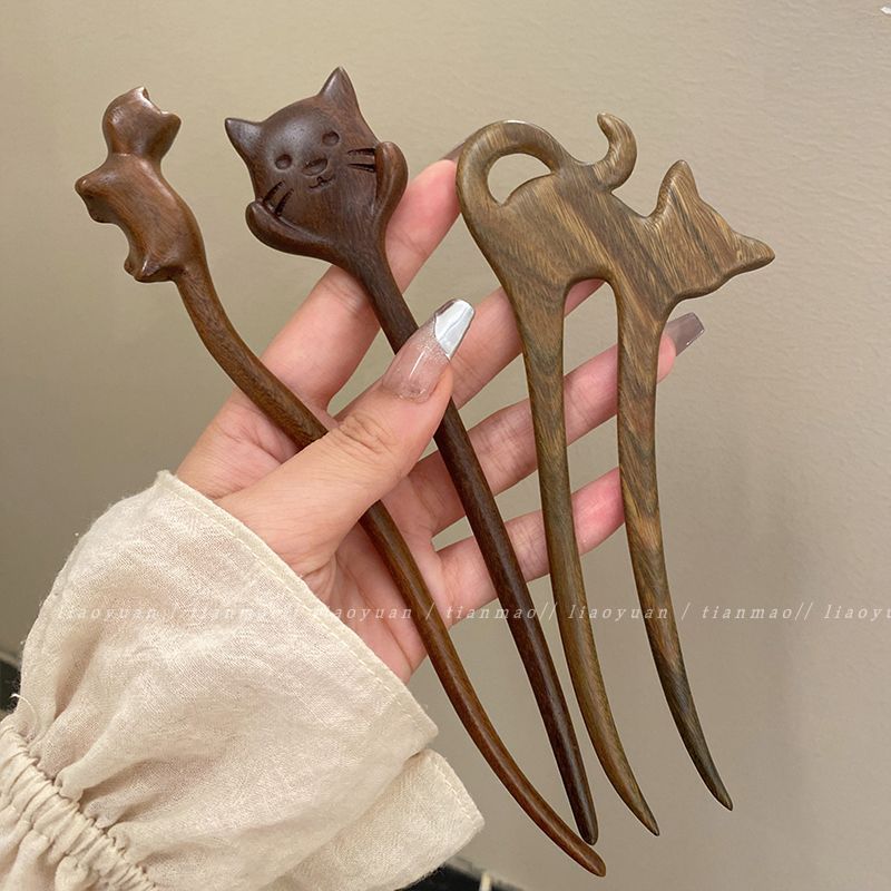 古风可爱猫咪木质发簪高颜值簪发盘发发饰时尚简约设计感发钗配饰