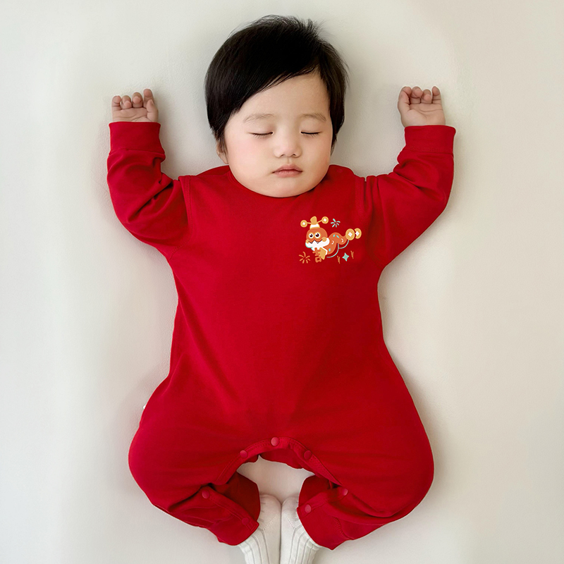 婴儿大红连体衣百天满月服喜庆抓周服0-1岁宝宝哈衣爬服纯棉打底
