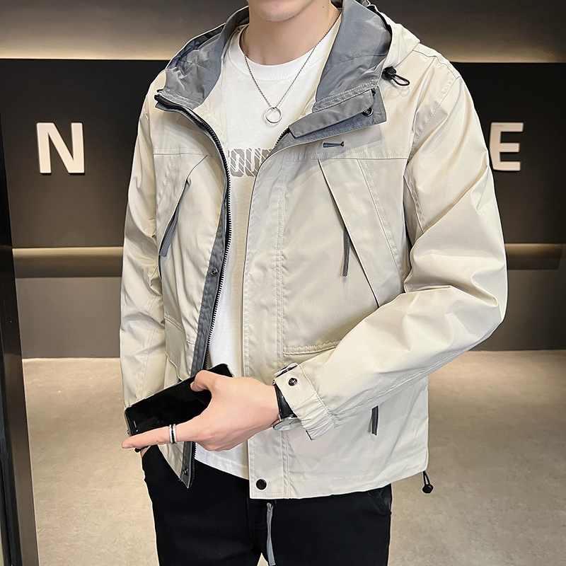 春季外套男2023新款春秋款连帽工装夹克男士潮流修身冲锋衣单褂子
