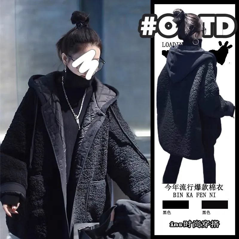 加绒外套女秋冬时尚新款拼接假两件卫衣连帽宽松百搭大码呢