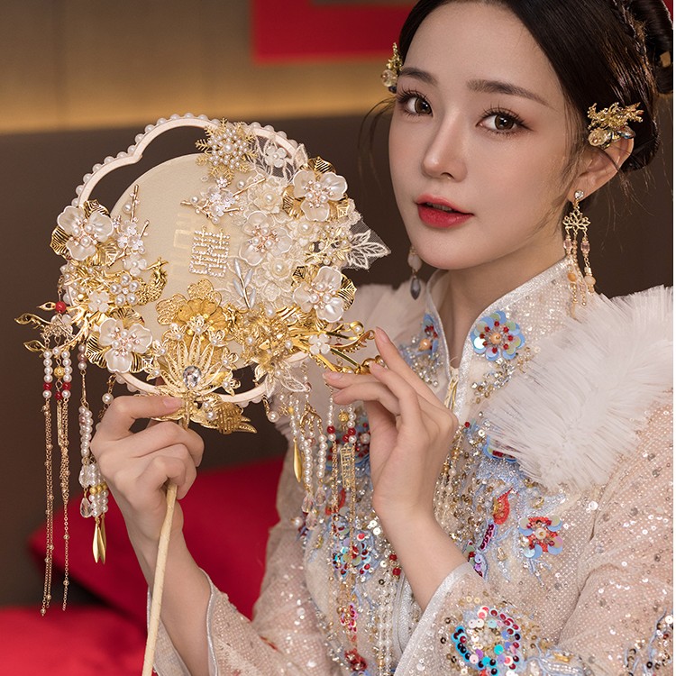 新娘金色流苏大气红色宫廷结婚成品团扇9151新品气质结婚团扇
