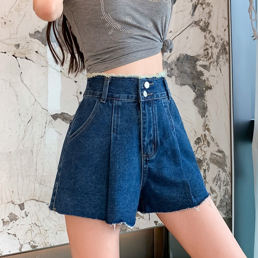 韩版个性毛边弹力松紧高腰双扣牛仔短裤女2024夏季宽松阔腿热裤潮