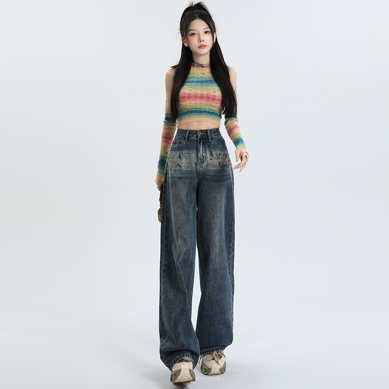 高腰阔腿裤女秋款手绘工艺印花直筒裤阔腿牛仔裤女秋款牛仔裤女款