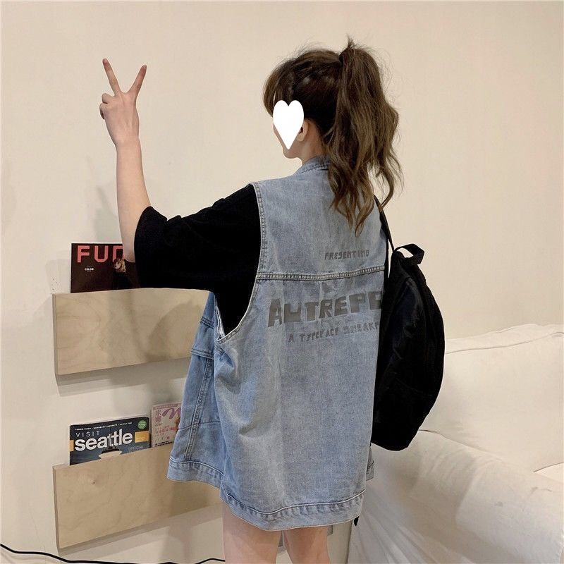 绿色伴侣港味牛仔马甲女2023夏季新款韩版宽松洋气百搭bf风无袖马