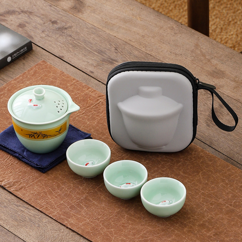 青瓷旅行茶具 便携式茶具套装 青瓷浮雕鱼杯 茶壶茶杯套装可