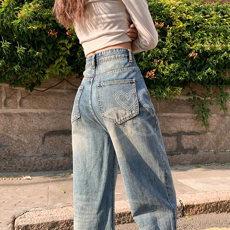 印花牛仔裤女2024春季新款韩版高腰直筒阔腿宽松垂感设计感拖地裤