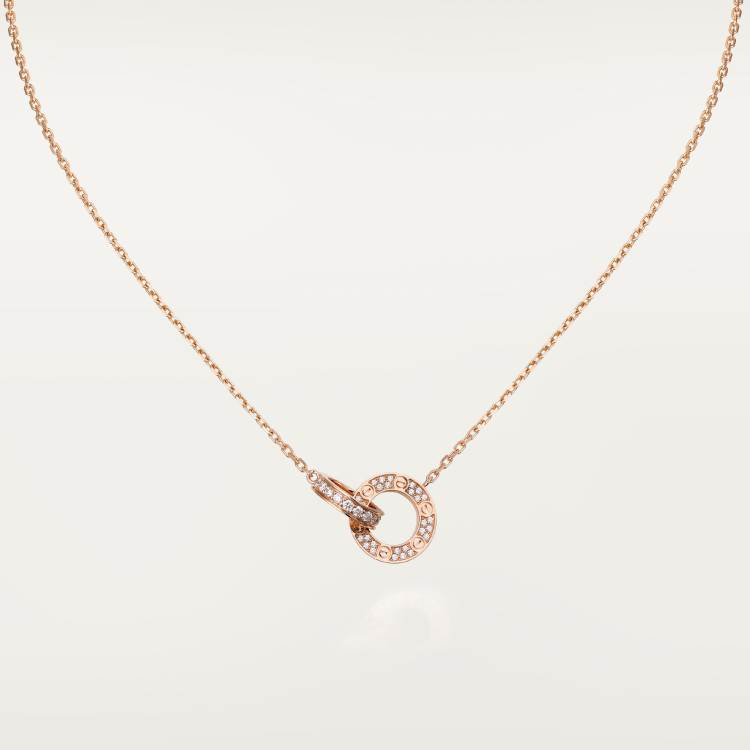 99新 Cartier/卡地亚 卡地亚love系列双环满钻玫瑰金项链