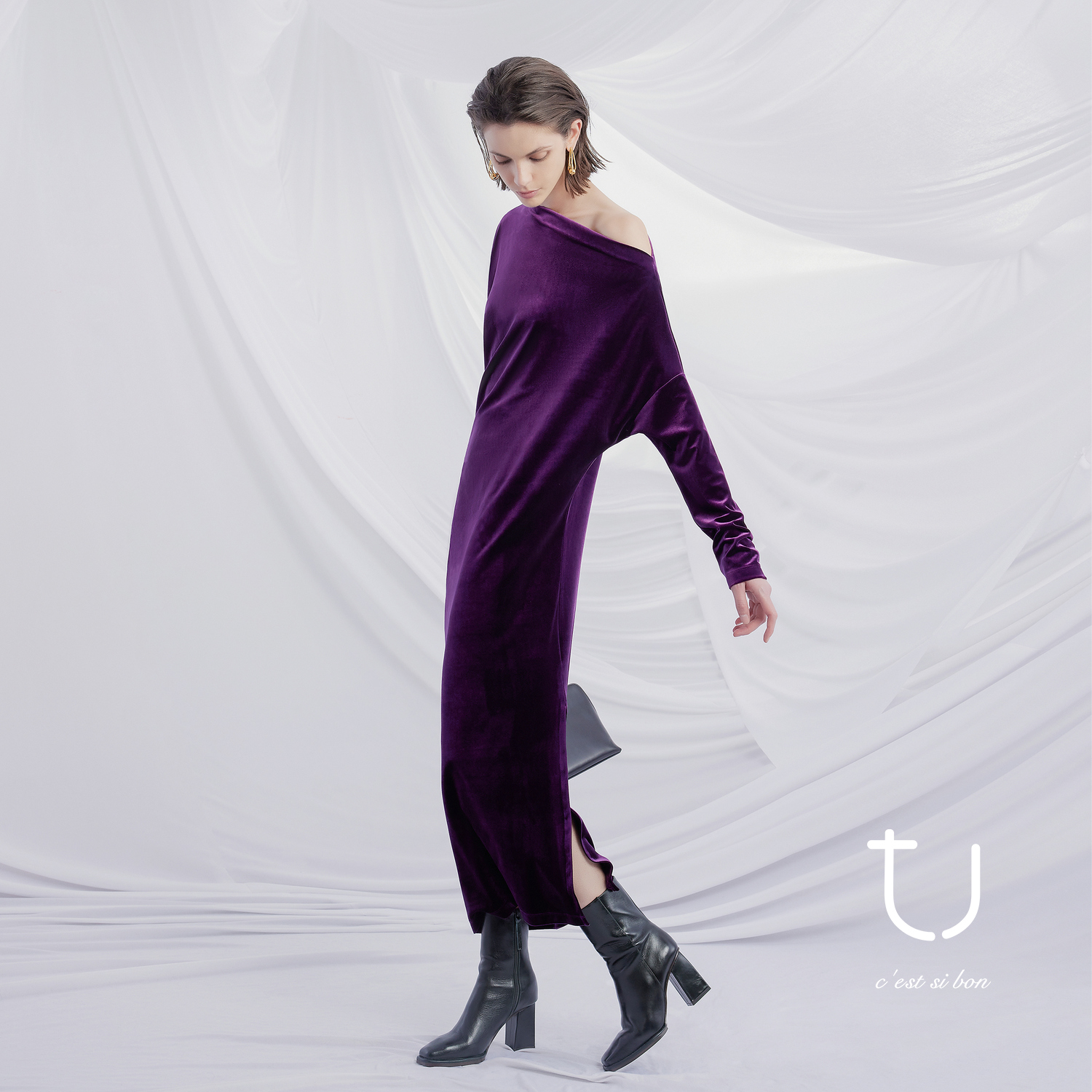 TU女装立裁ROW极简风斜肩丝绒连衣裙优雅礼服裙时尚百搭气质衣服