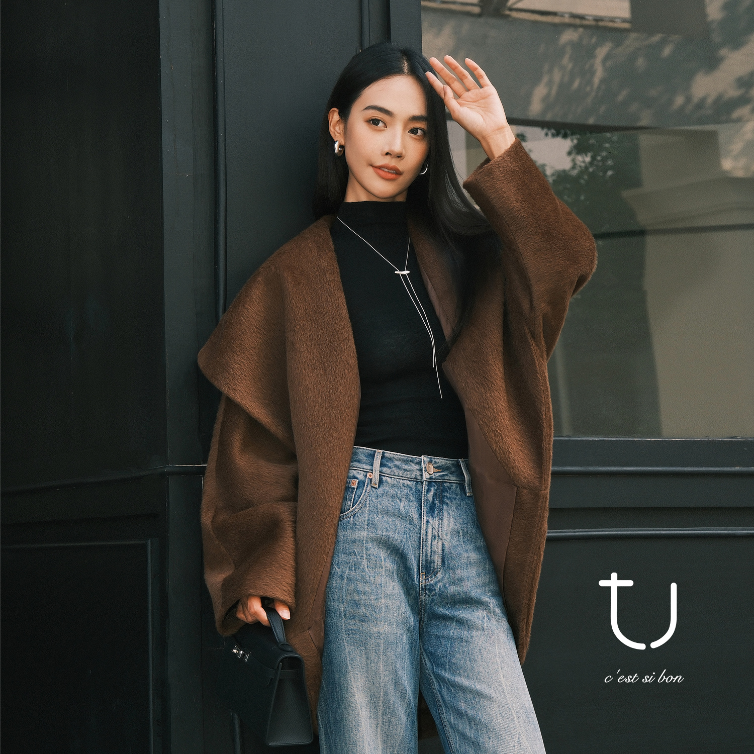 TU女装大翻领苏力羊驼毛大衣25冬季蝙蝠袖宽松毛呢外出新款外套