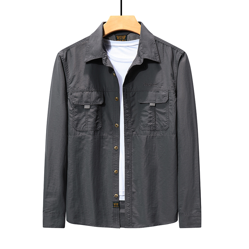 1002男轻薄款夏季翻领宽松男士轻驺长袖衬衫时尚休闲大码衬衣户外