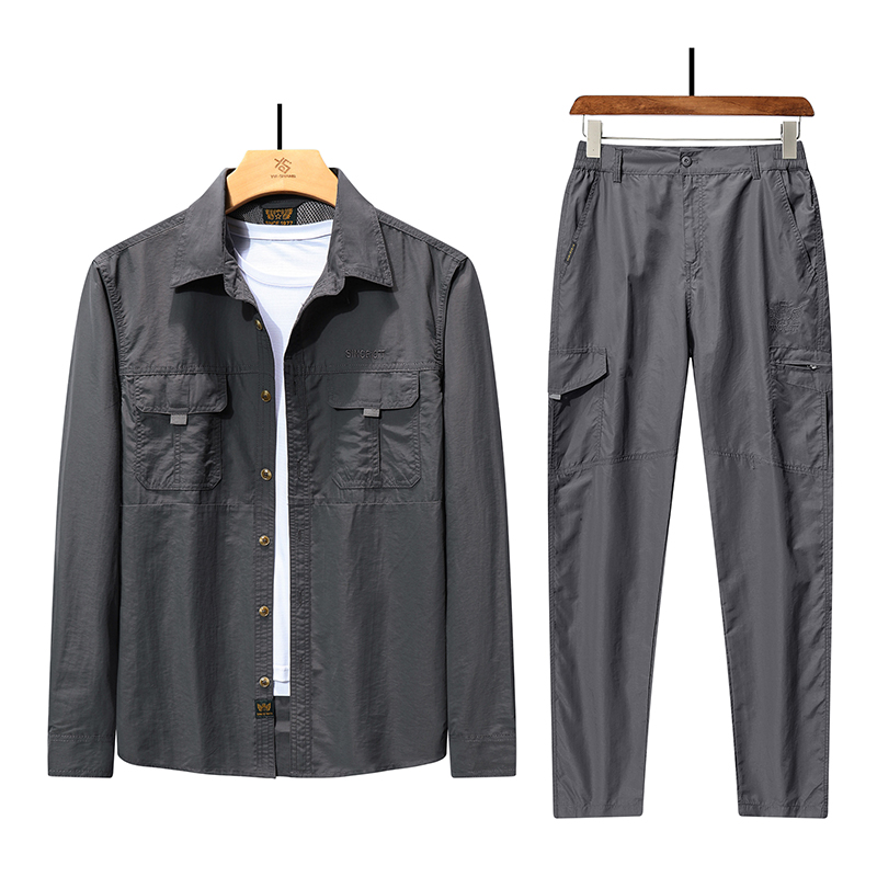1025轻薄款男长袖套装夏季时尚休闲宽松衬衫长裤大码翻领衬衣透气