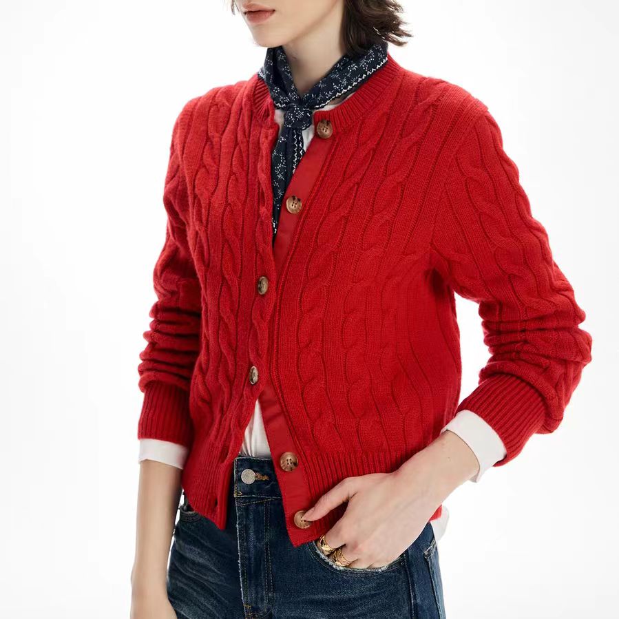 【QQNZ】秋冬女士毛衣保暖时尚圆领运动休闲百搭纯羊毛红色开衫毛衣