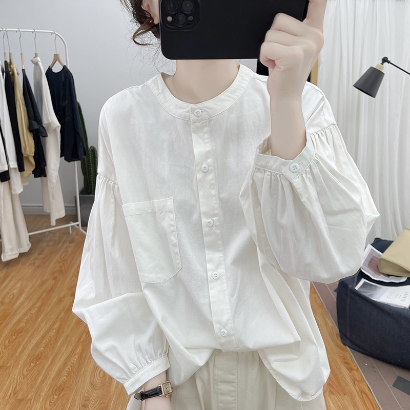【运补6】春秋纯棉立领灯笼袖长袖衬衫女2026韩范减龄上衣复古衬衣