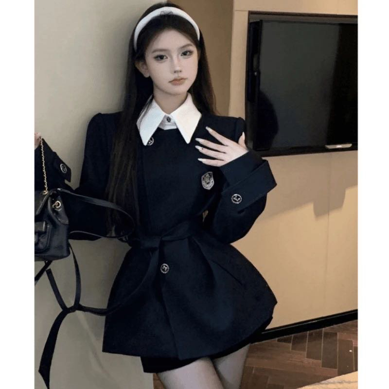假两件拼接polo领长袖西装外套女秋季宽松绑带气质撞色学院风上衣