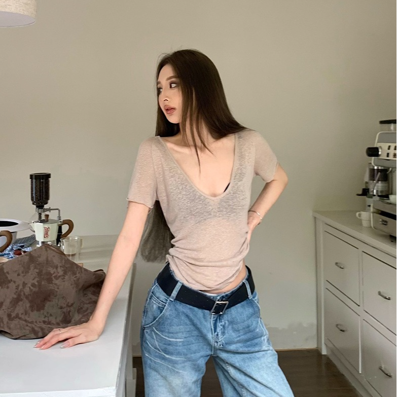 薄款微透v领短袖T恤女装夏季修身显瘦百搭辣妹休闲打底衫纯色上衣