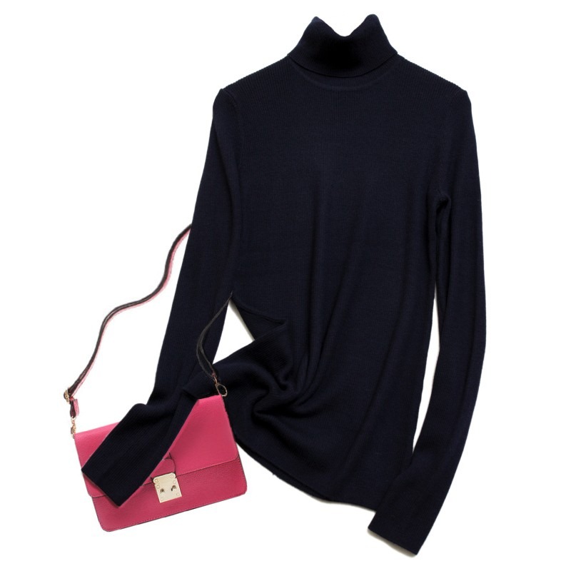 精纺羊绒抽条女套衫高翻领新款长袖打底衫修身简约弹力针织百搭