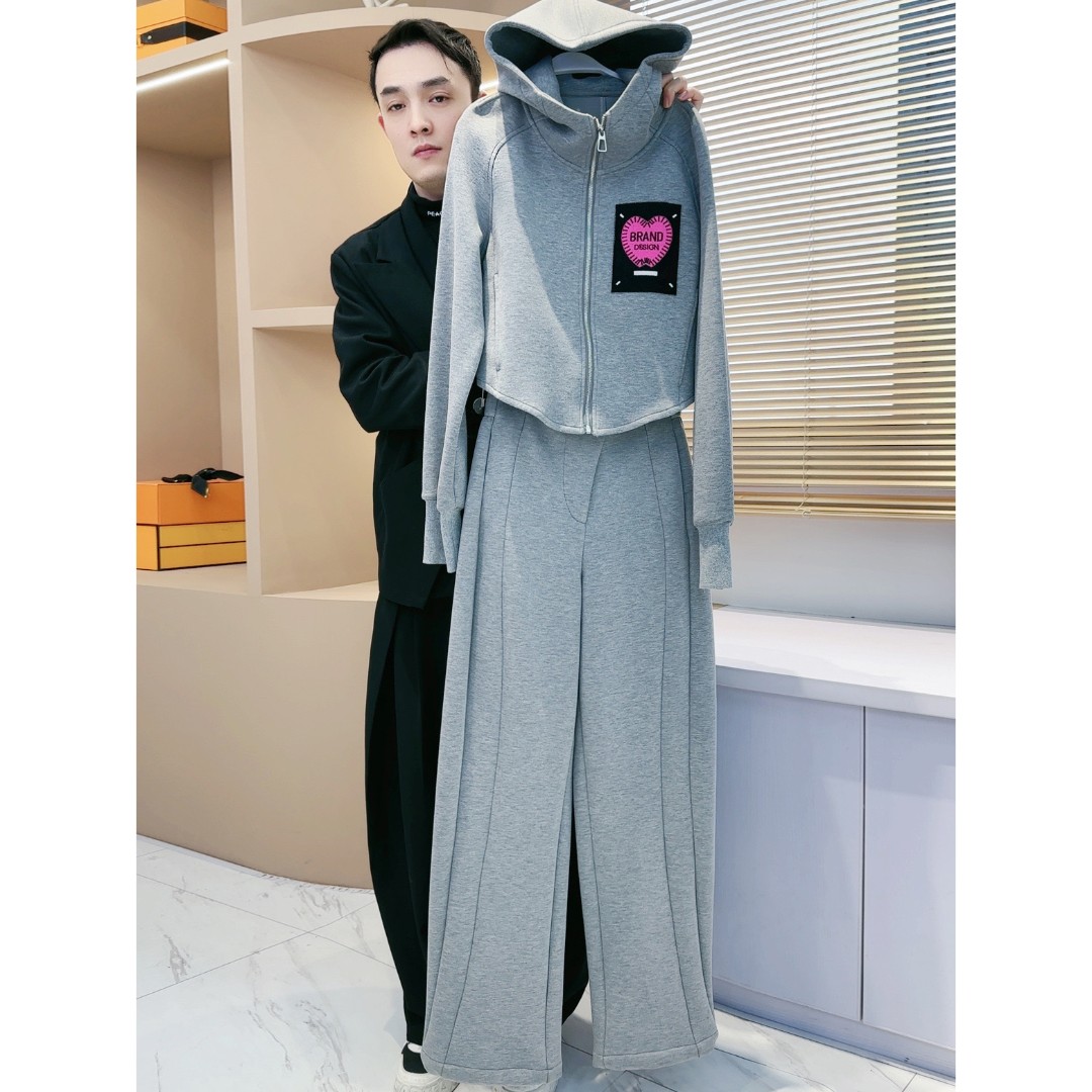 【LING哥定制】春季时尚潮流设计师款浅灰色休闲运动连帽套装/2829A