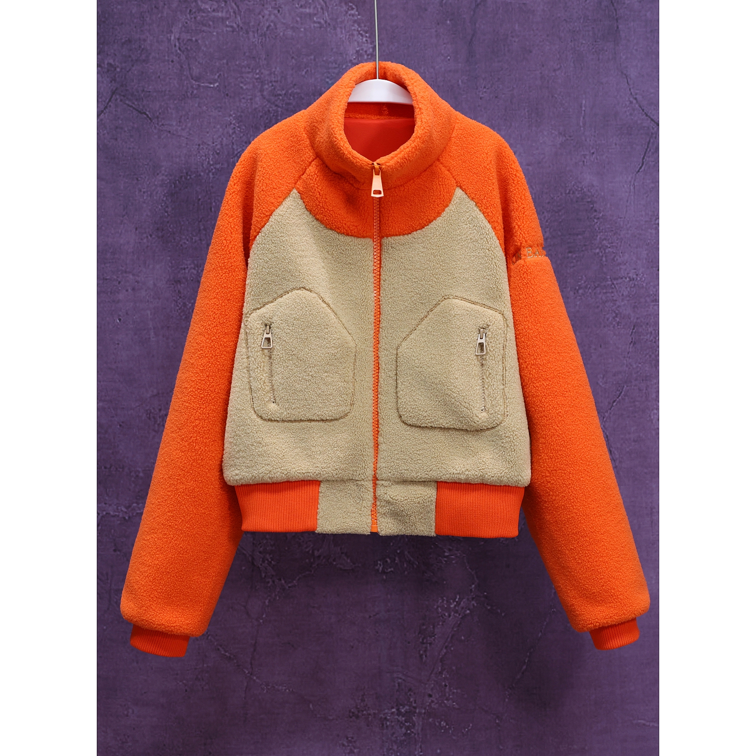 【LING哥定制】冬季加厚毛毛衣橘色时尚设计感休闲拼色保暖外套2110