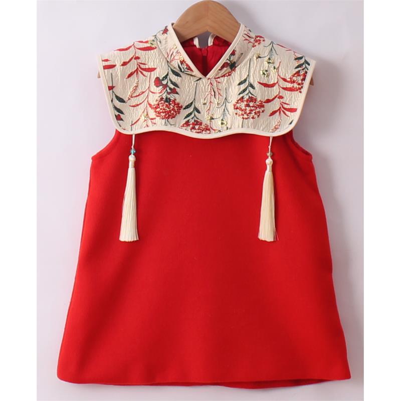 咪多咪彩儿童原创女童洋气时尚秋冬女孩红色无袖中国风流苏汉服