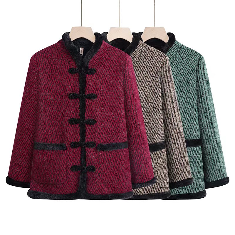 妈妈装秋冬装民族风加绒保暖外套新中老年女装民族风盘扣棉服外套