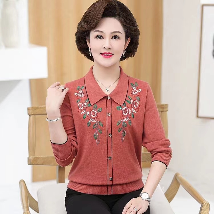 中老年女装妈妈装纯色春秋婆婆老人衣服针织圆领套头洋气打底衫