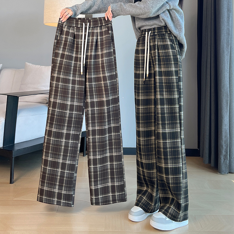 秋冬季格子裤高腰加绒加厚直筒休闲裤垂感窄版阔腿裤小个子九分裤