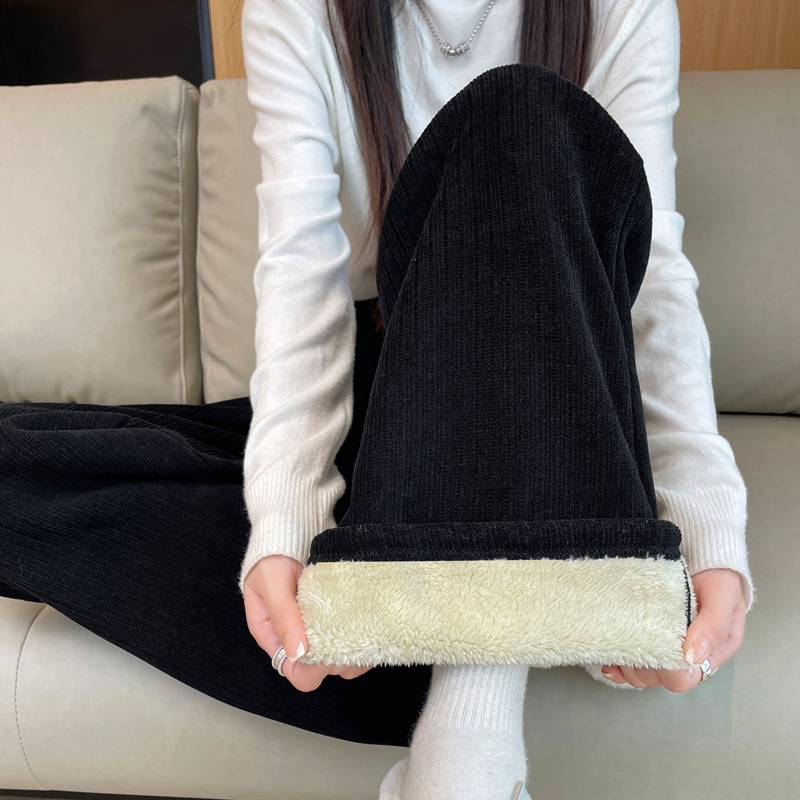 特厚羊羔绒窄版阔腿裤秋冬季小个子加绒加厚保暖休闲裤宽松直筒裤