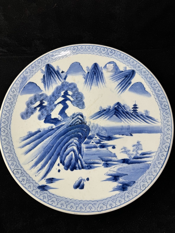 超级特大 时期满工满绘青花山水风景纹大赏盘美观大气