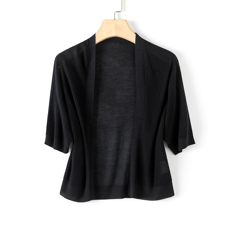 【天丝+桑蚕丝】白色女士五分袖清凉短外套镂空毛衣百搭针织衫35014