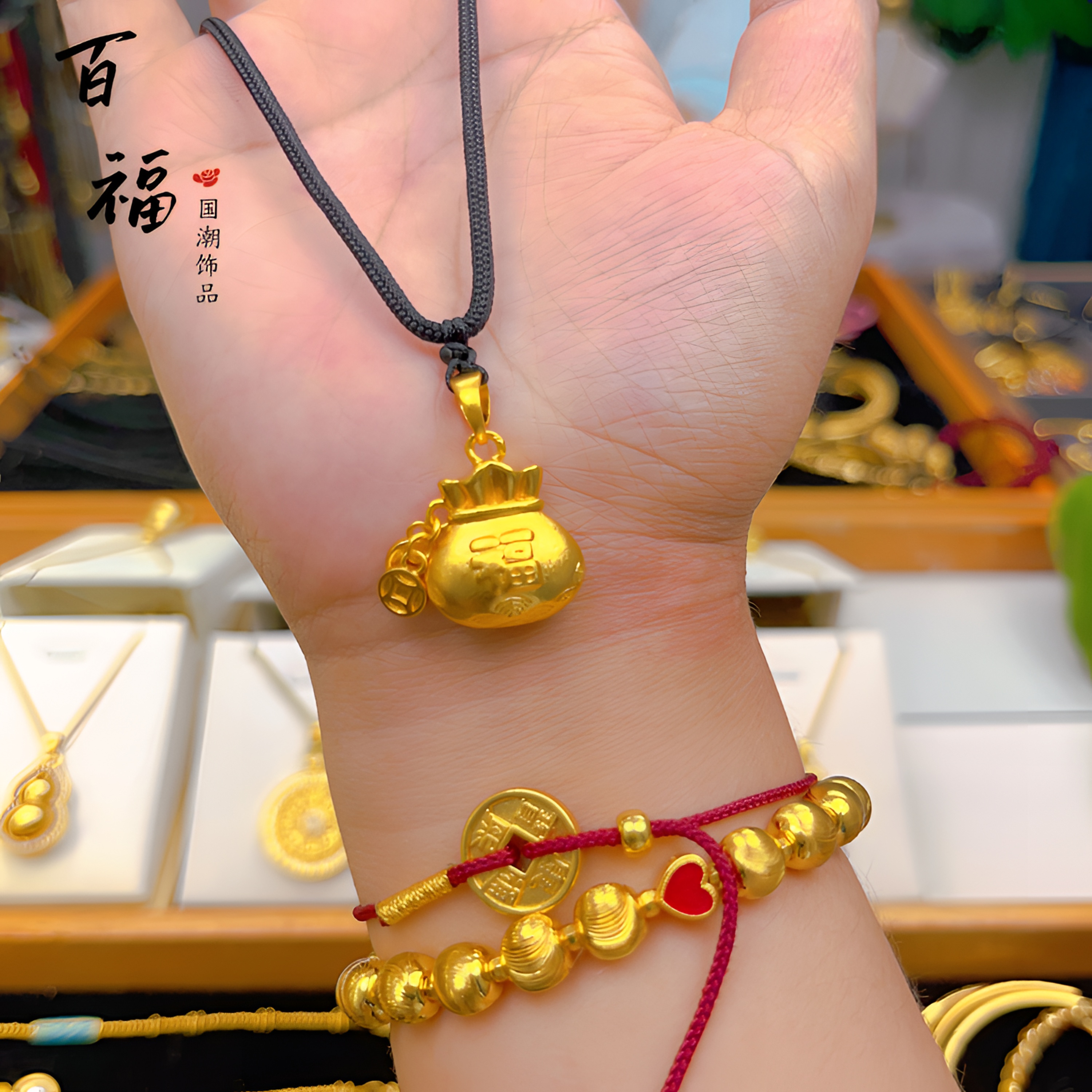 合金吊坠 【精工版】钱袋子吊坠福袋坠链金色编织流苏毛衣链潮饰