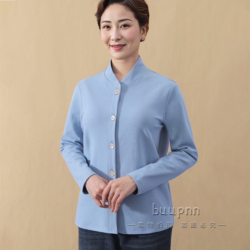 单件开扣长袖上衣棉小立领对襟内搭开衫中老年护颈秋衣