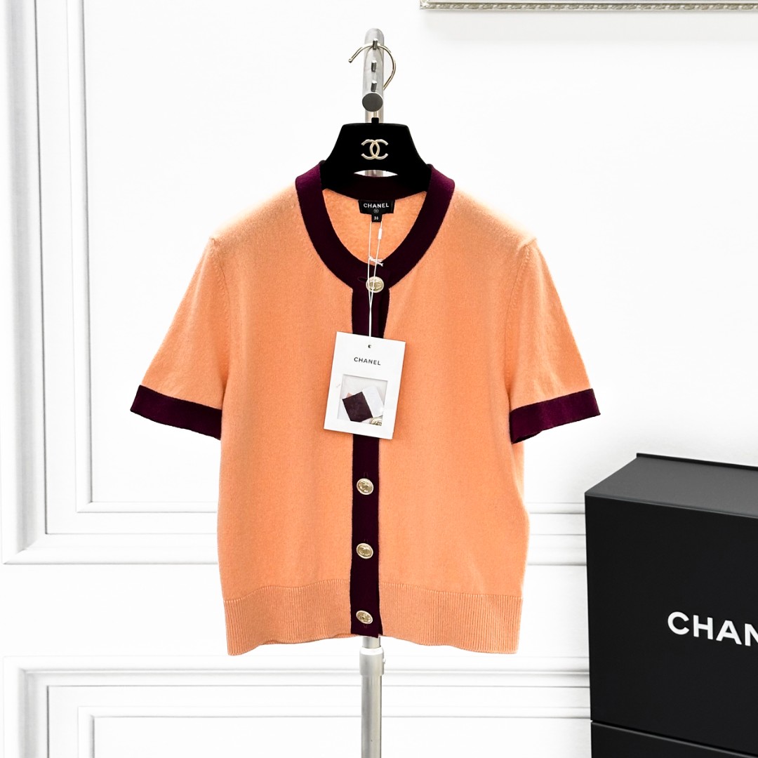 99新 Chanel/香奈儿 36码 20A康鹏街秀款橘色短袖羊绒开衫