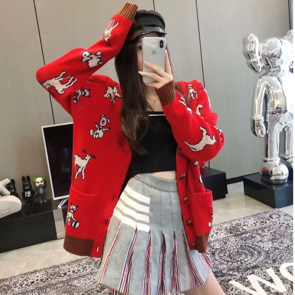 99新 GUCCI/古驰 S码 红色拼酒红色边 动物图案 长袖 针织 开衫