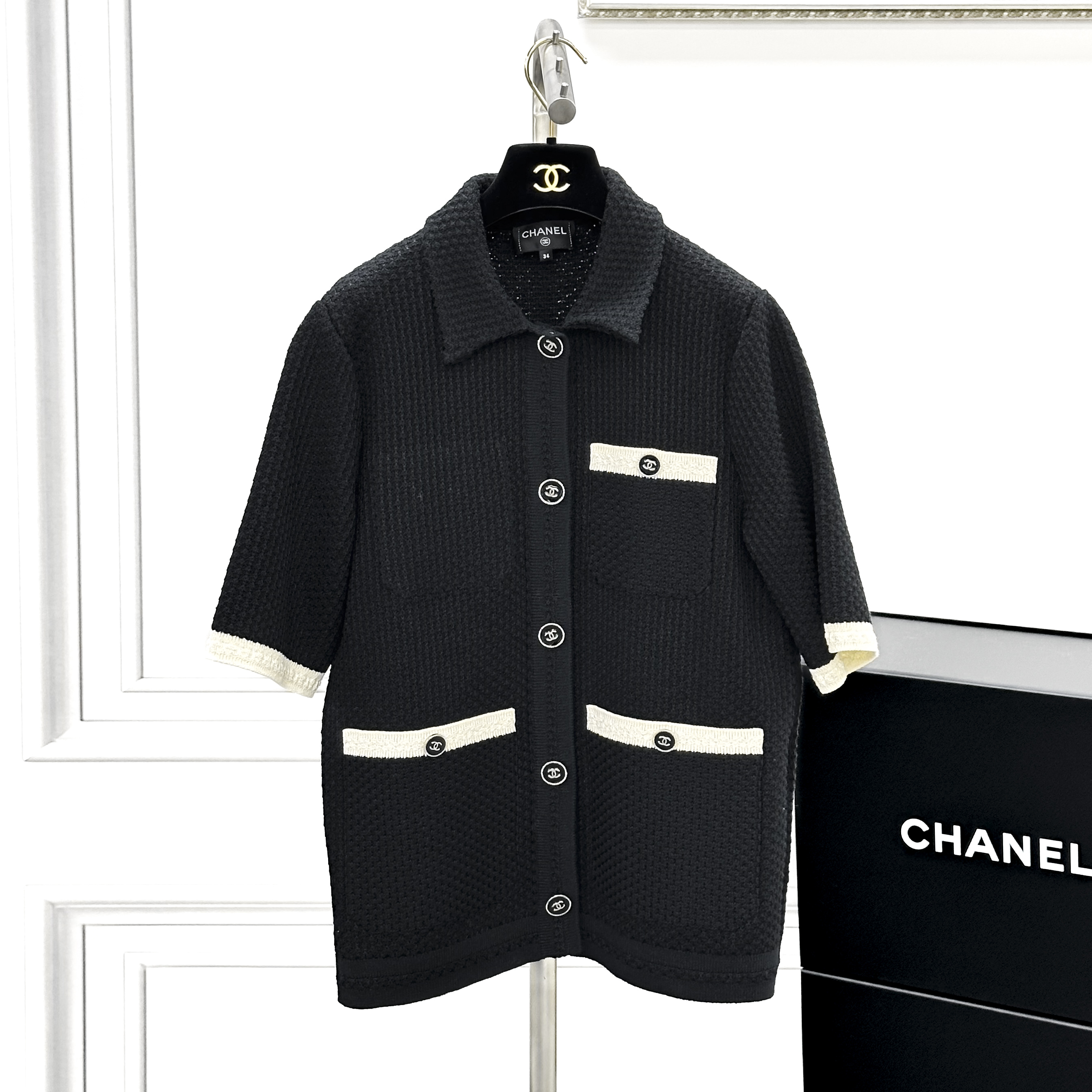 99新 Chanel/香奈儿 34码24P黑色白边针织短袖开衫