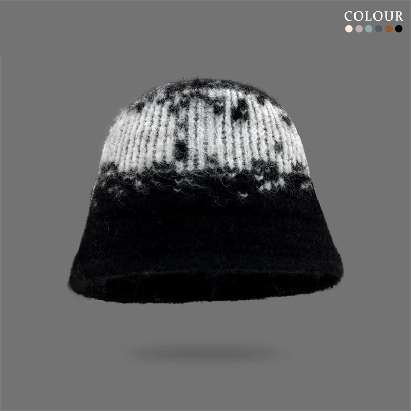 复古提花针织毛线帽女秋冬保暖遮脸渔夫帽素颜显脸小水桶帽子