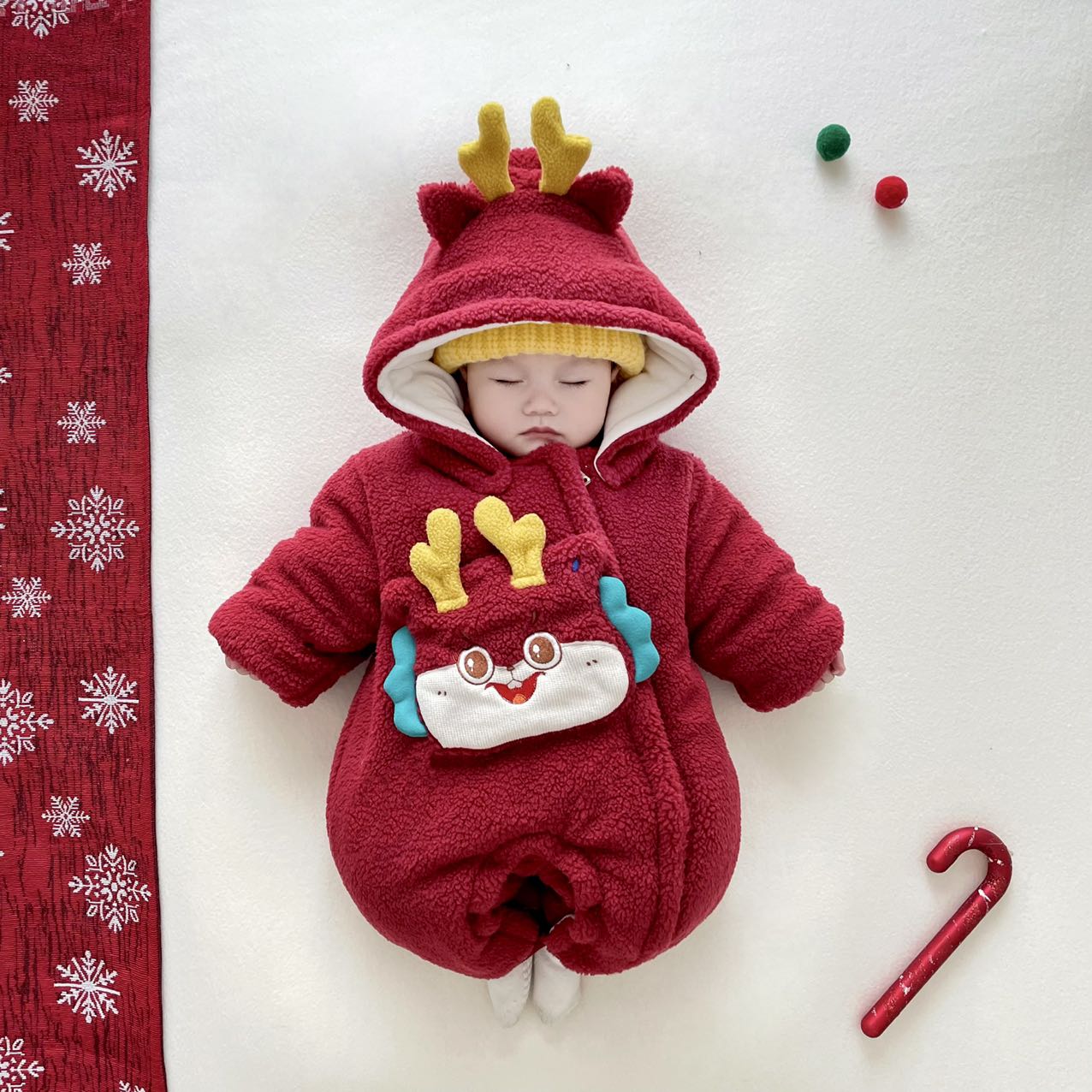 钓鱼猫婴幼儿加厚红色拜年服冬季宝宝保暖外出服可拆帽连体棉服