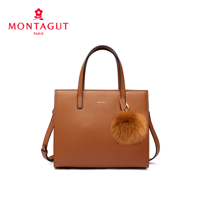 Montagut/梦特娇真皮包包女士毛球挂饰通勤鳄鱼纹托特包棕色百搭